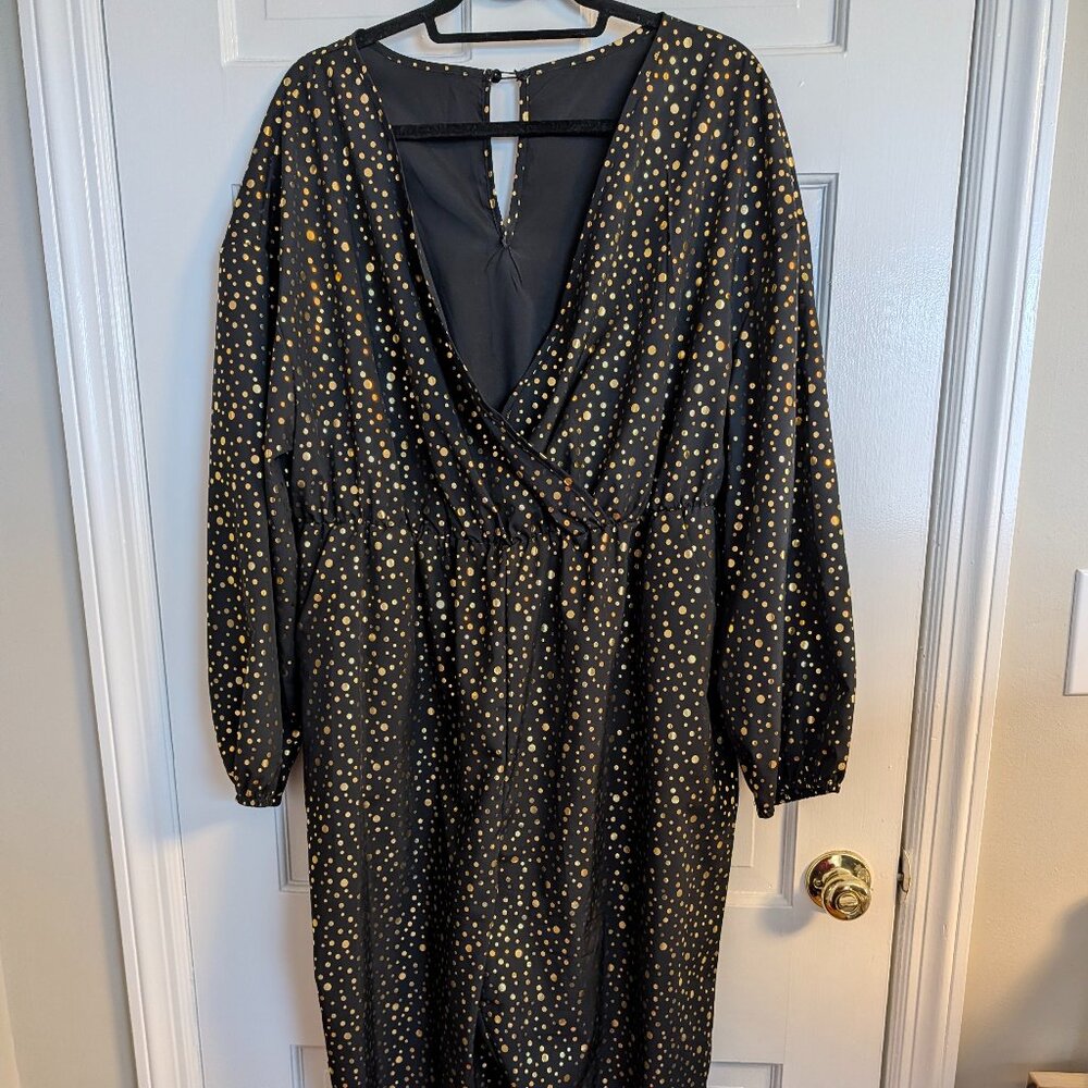 Shein Black Gold Polka Dot Jumpsuit — Long Sleeve V-Neck - Size 2XL (16)